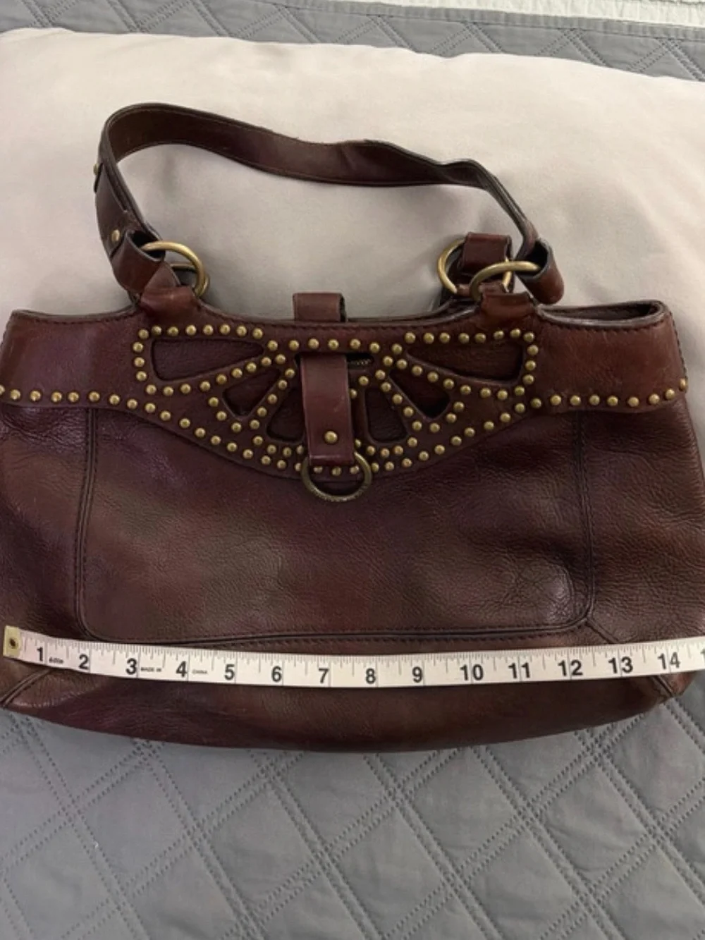 Michael Kors Dark Brown Leather Shoulder Bag with Gold Stud Accents